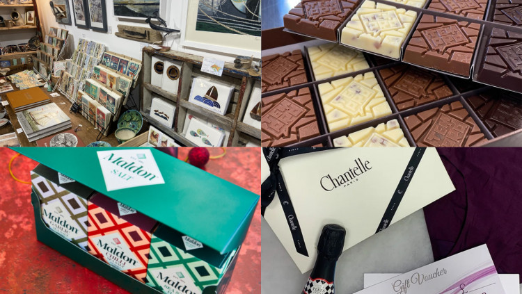 We've compiled a list of ten local small businesses offering great gifts this Christmas. (Credit: Chloe Brewster in Salty Dogs (top left), TEMPRD Chocolate (top right), Maldon Salt (bottom left), and The Bra Consultancy (bottom right).)