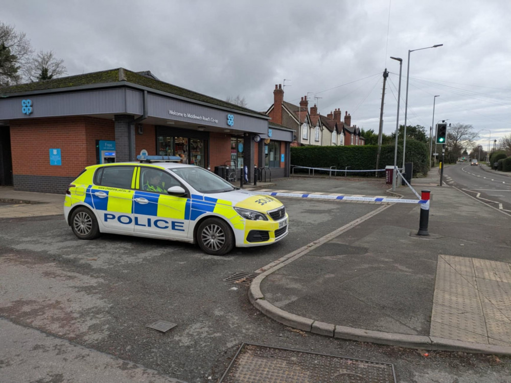 The Co-op store in Middlewich Road was taped off by police after it was raided overnight. (Photo: Nub News)