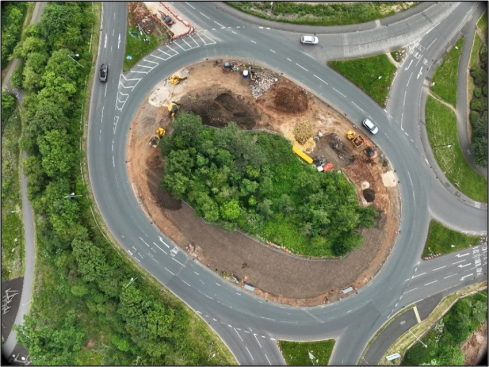 An aerial shot of the roundabout of the Europa Way, Gallows Hill, Harbury Lane and Heathcote Lane (image via Warwickshire County Council)