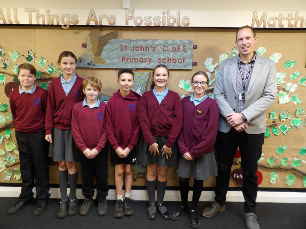 New Headteacher, Ricky Huddart with pupils at St John’s CE Primary School in Sandbach