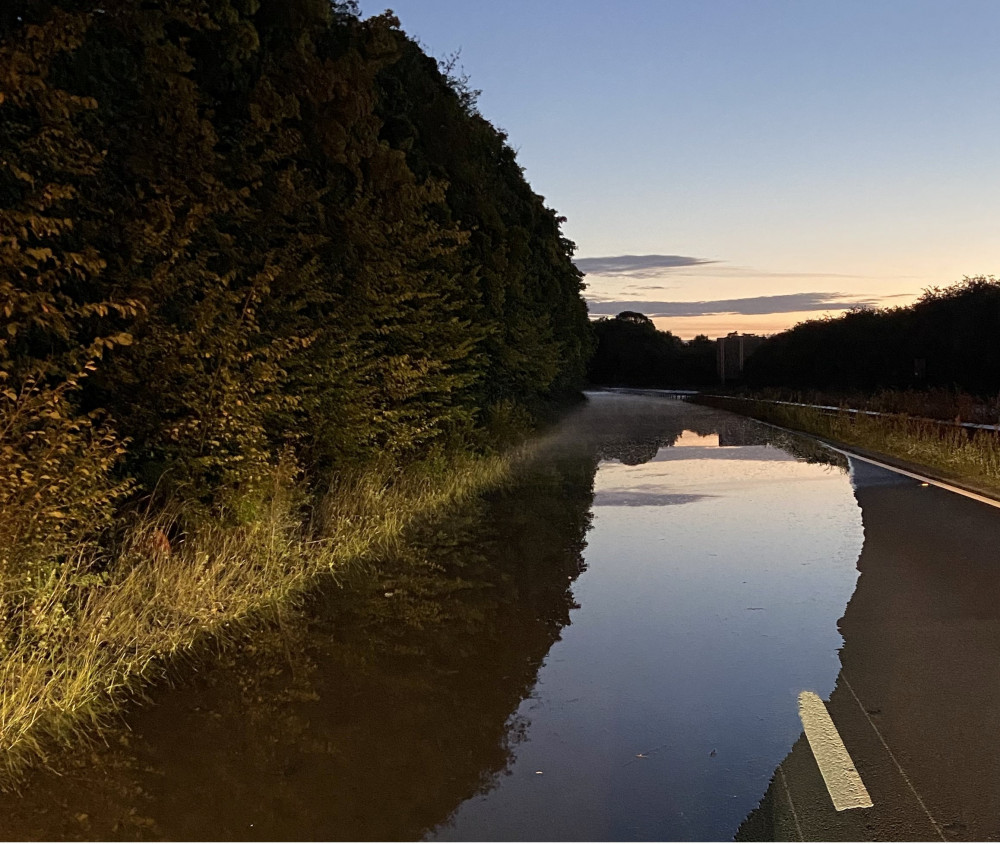 The dual carriageway was closed both ways around Warwick (image via SWNS)