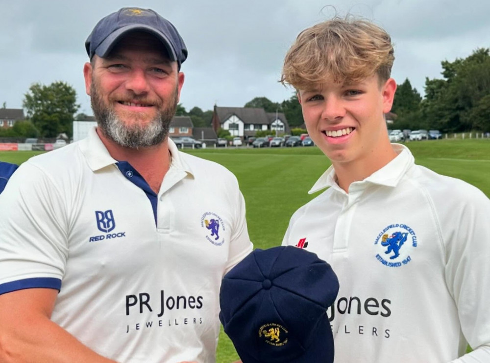 Joe Moores has been selected for England U19s tour of South Africa. Pictured here with Macclesfield CC captain John Birchall (Credit: Macclesfield CC)