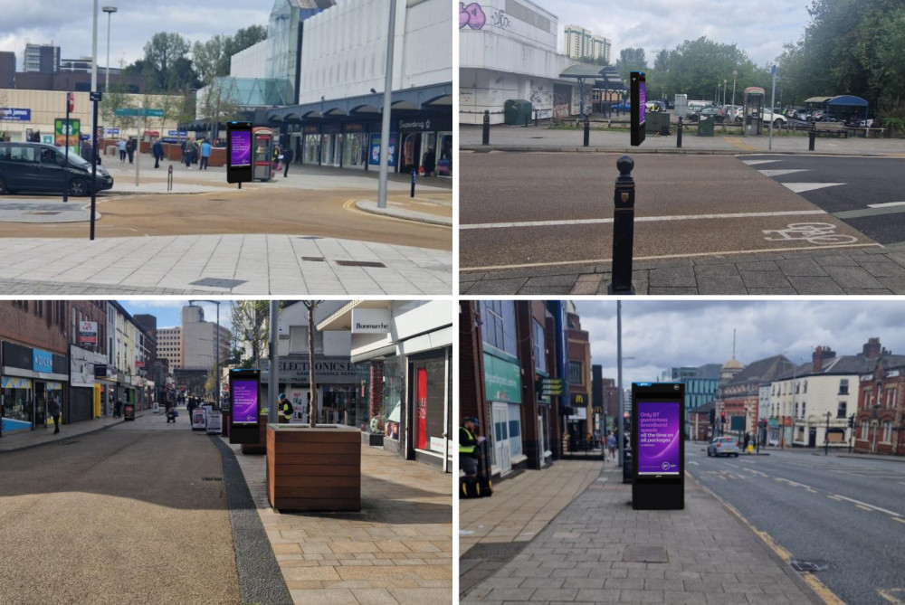 Plans have been submitted for six new BT Street Hubs around Stockport town centre, described as "re-invented phone boxes for the digital age" (Images via planning documents)