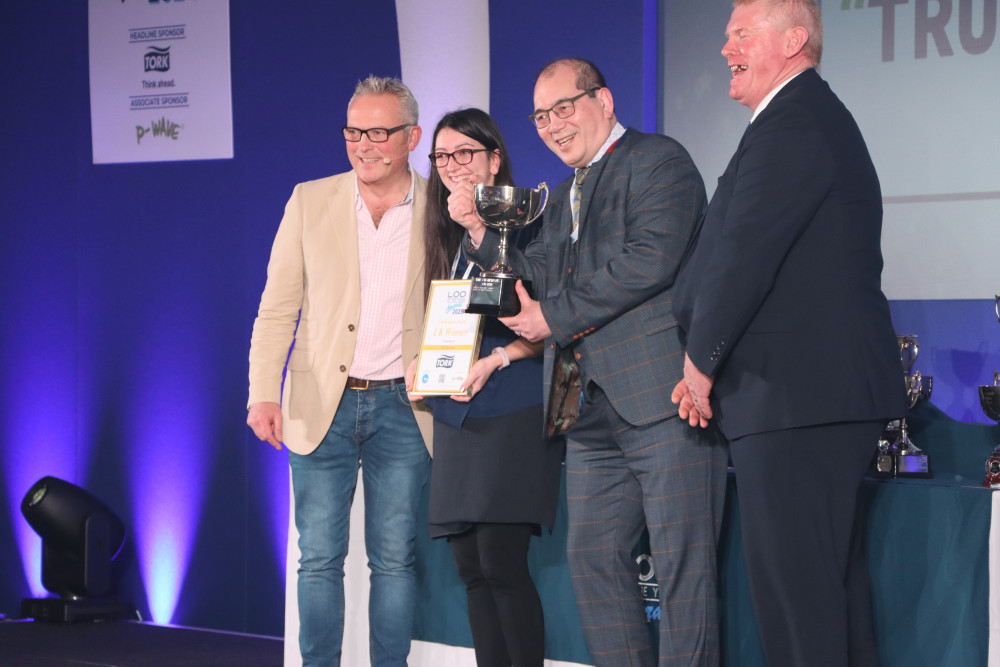 Presentation of the Chairman's Award L-R Jules Hudson (Escape to the Country presenter and Awards ceremony host), Aimee Driscoll (Receptionist, TRUSTDental), James Main (Lead dentist and Owner, TRUSTDental), Charles Wall (Chairman, Loo of the Year Awards) 