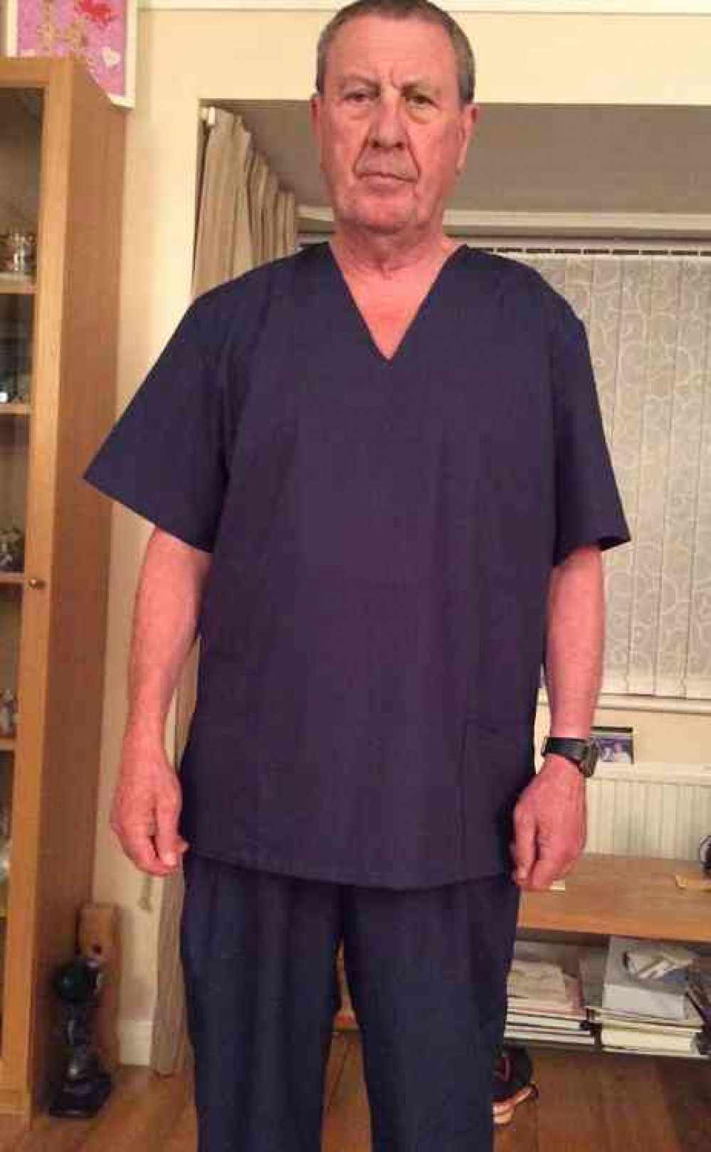 Geraint Pugh models scrubs made by wife Marian