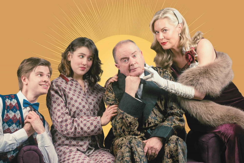 Idol Garry Essendine having the most discouraging mornings in Present Laughter at the Talisman Theatre. From left - Adam Turner, Alexandra Newman, Phil Reynolds & Ruth Linnett (image by Gwyn Davies)