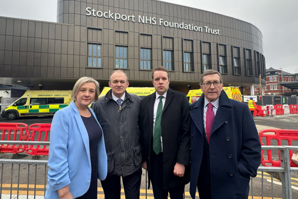 Liberal Democrat politicians at Stepping Hill hospital. Left to right: Lisa Smart, Hazel Grove MP; Ed Davey, Lib Dem leader; Tom Morrison, Cheadle MP; Cllr Mark Hunter, Stockport Council leader (Image - Stockport Lib Dems)