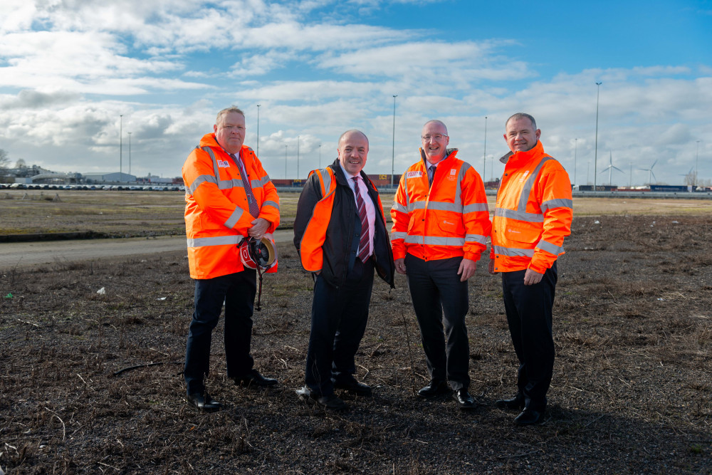 Peter Ward (Forth Ports' Commercial Director), Minister Mike Kane, Stuart Wallace (Fort Ports' CEO); Paul Dale (Forth Ports' COO) on site at the Port of Tilbury