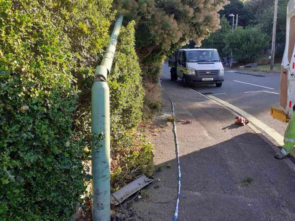 Damaged lamp post at the bottom of Bristol Hill