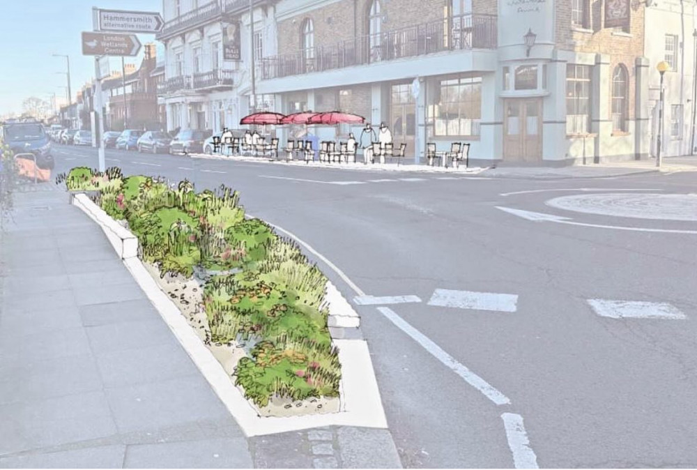 An artist impression of what the rain garden on Barnes High Street roundabout could look like (credit: BCA). An artist impression of what the rain garden on Barnes High Street roundabout could look like (credit: BCA).