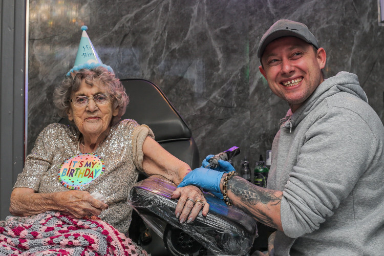 Hilda West has celebrated her 100th birthday with another tattoo (image via SWNS)