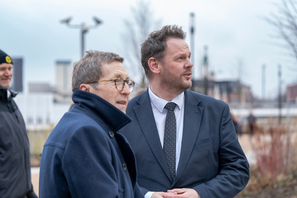 Local transport minister Simon Lightwood (right) announced a new £300m government programme at Stockport Interchange. Also present was Stockport Council Leader Mark Hunter (Image - Stockport Council)