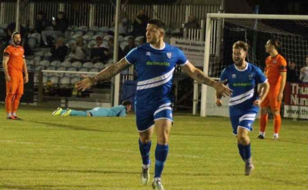 Hayden celebrating his winner against St Ives (Picture: Brantham Athletic)