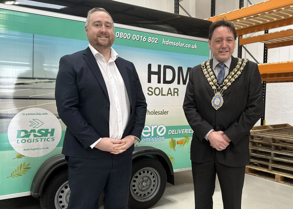 Adam Firth, Group CEO, HDM Solar with Councillor Allan Davies, Mayor of Basildon.