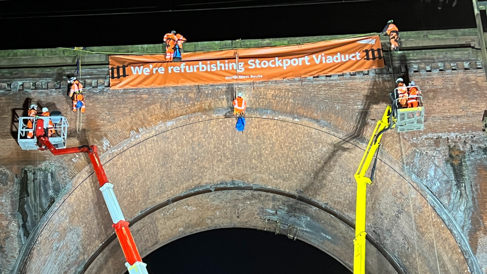 Engineers from Network Rail abseiled down Stockport's iconic viaduct as part of a £1.1m repair project (Image - Network Rail)