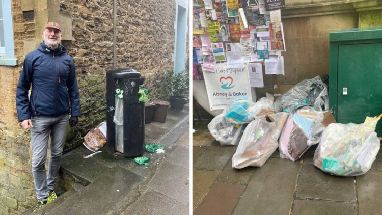 Cllr Nick Dove with a bin on Paul Street/rubbish on Cheap Street (image by Frome Town Council)