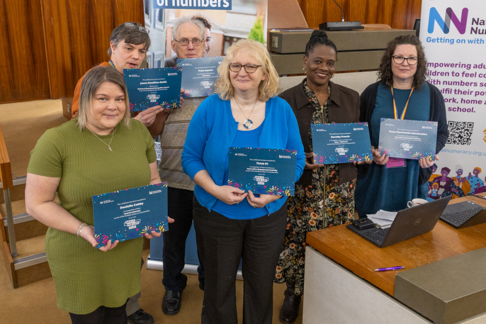 Awards winners (l-r) – Danielle Cobby, Jason Hamilton-Smith, Peter Jopson, Margaret Jones from Th!nk FC, Dorothy Francis and Emma Pickering from HomeStart South Leicestershire. Photo: Leicestershire County Council