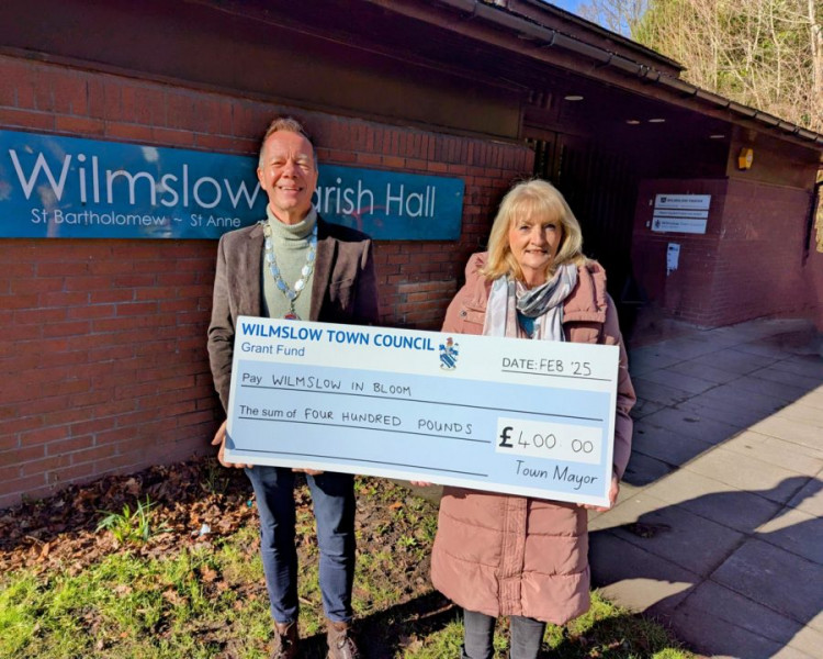 Wilmslow Town Mayor, Cllr Tim Higgins, with Wilmslow In Bloom Chair, Sue Worthington, at Wilmslow Parish Hall (Wilmslow Town Council).