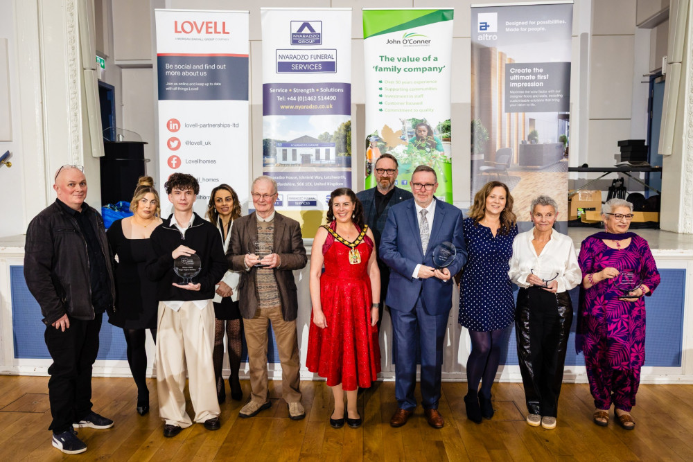 Chair Cllr Clare Billing with the award sponsors and winners holding trophies l-r Young Star Hugo, David Whitiker, Ray Wilson, Maggie Hackney and Harmesh Bhandal (Danny Loo Photography)