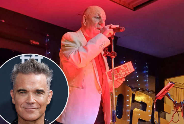 Pop idol, Robbie Williams, sent a message to John Grint MBE as he appeared on stage at the event.  (Images - main: supplied / inset: Kevin Payravi, Wikimedia Commons)