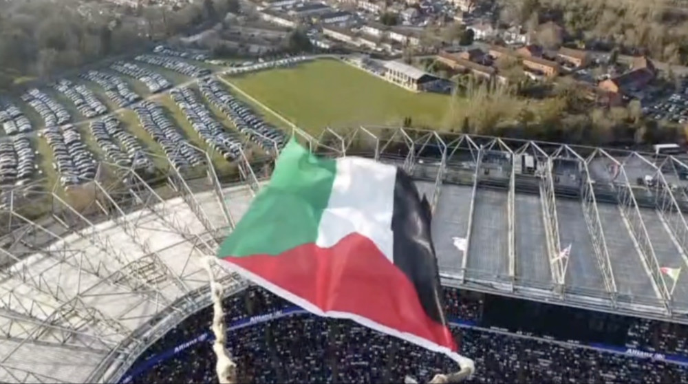 Footage from the drone flying over the Allianz Stadium during England's Six Nations fixture against Italy on 9 March 2025 (credit: Palestine Action).