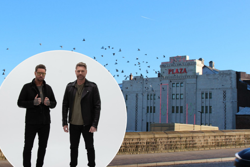 Keith Duffy and Brian McFadden (former Boyzone and Westlife singers respectively) are calling at Stockport with their Boyzlife 'supergroup' in a 2026 tour (Images - main: Nub News / inset: supplied)