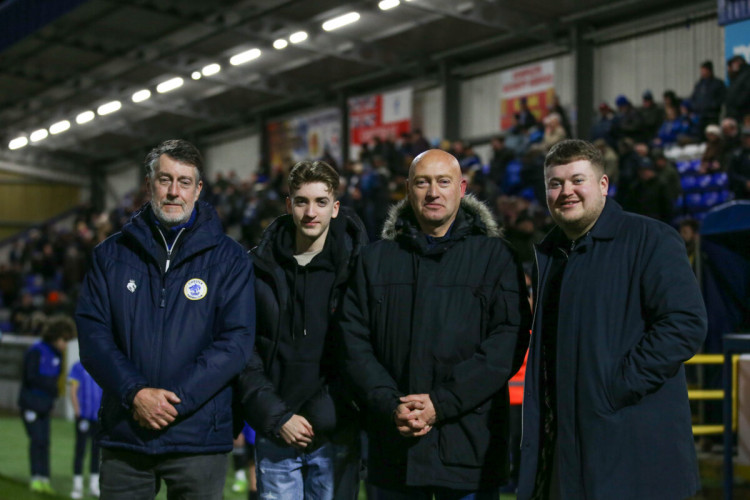 Chester FC Director, Nick Phillipson with James Shone, Alan Shone and Chester FC General Manager, Albert Davies (Image via: Rick Matthews)