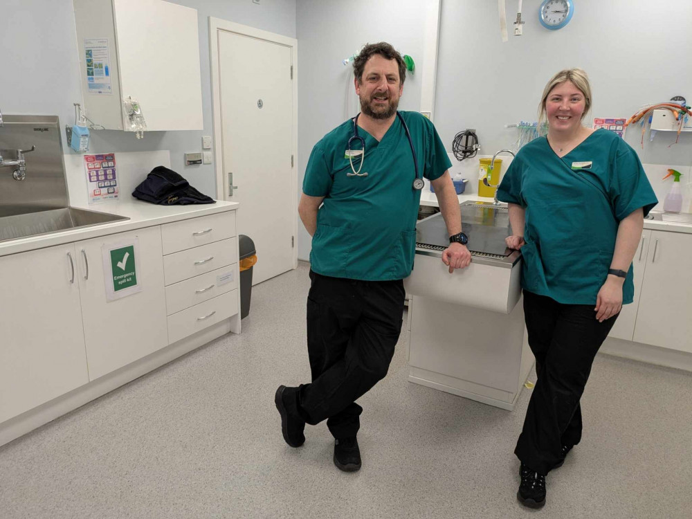 Carl May with a veterinary nurse at the practice. (Photo: Nub News) 