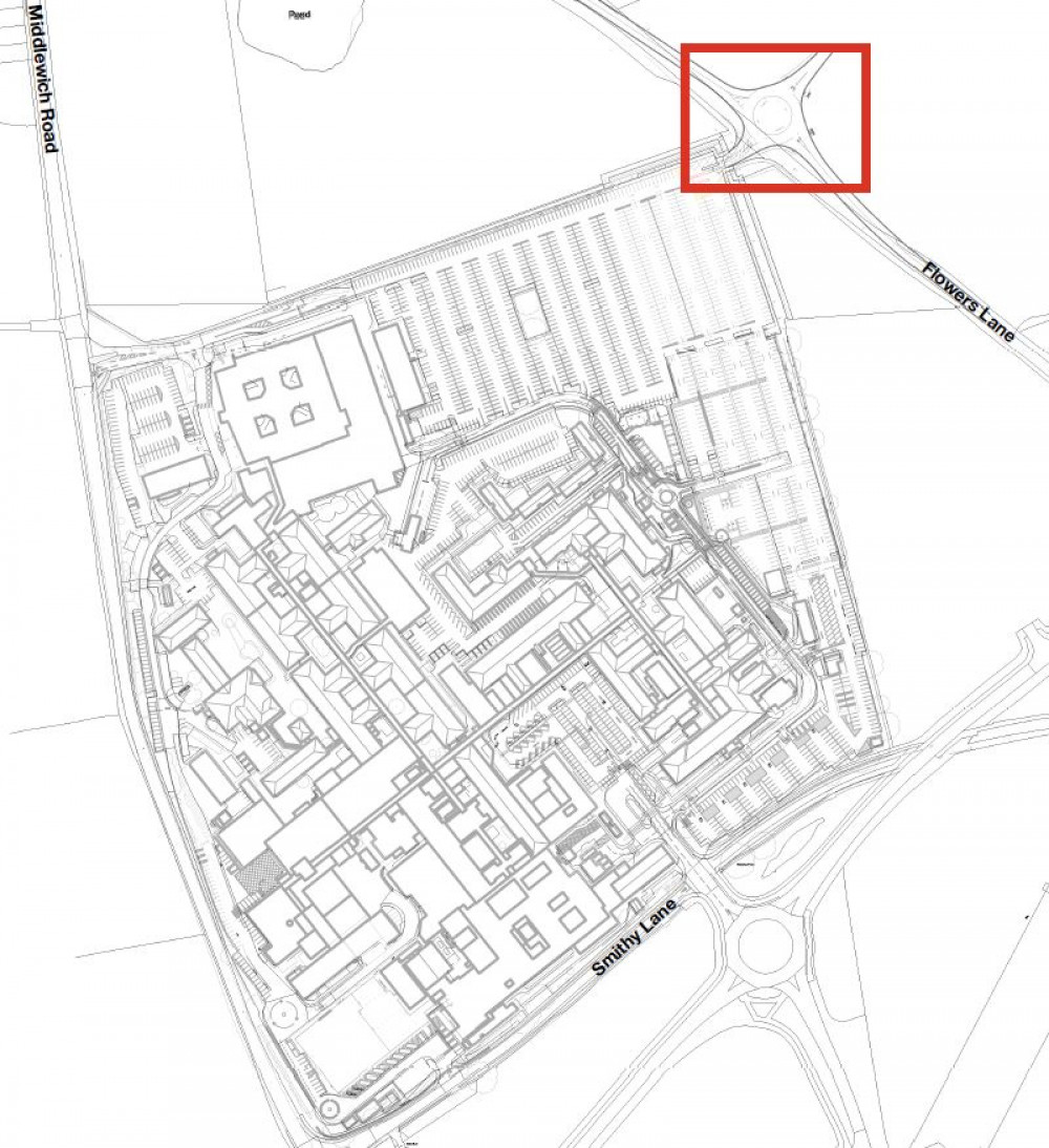 The Vistry Group will build a roundabout on Flowers Lane as part of its housing development to the east of Leighton Hospital (MCHFT).