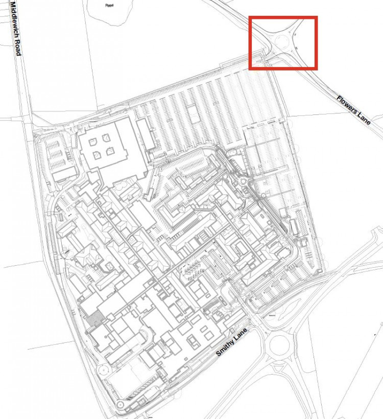 The Vistry Group will build a roundabout on Flowers Lane as part of its housing development to the east of Leighton Hospital (MCHFT).