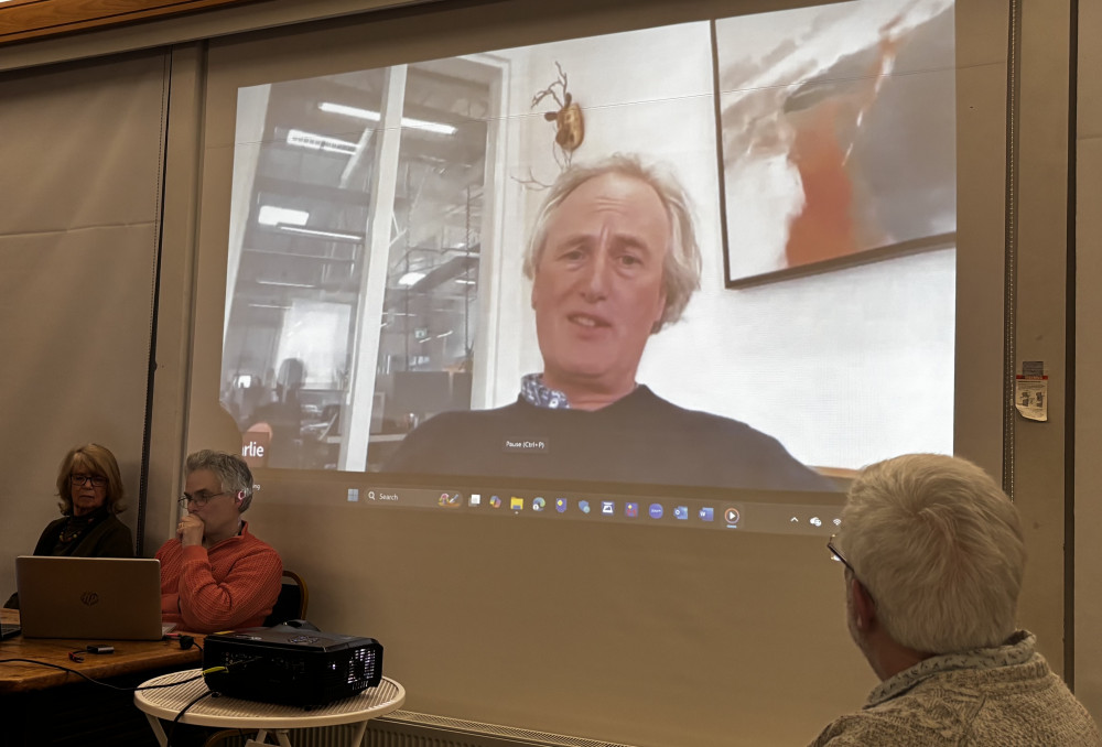 Charlie Bigham broadcasts to the public meeting from his Dulcote factory