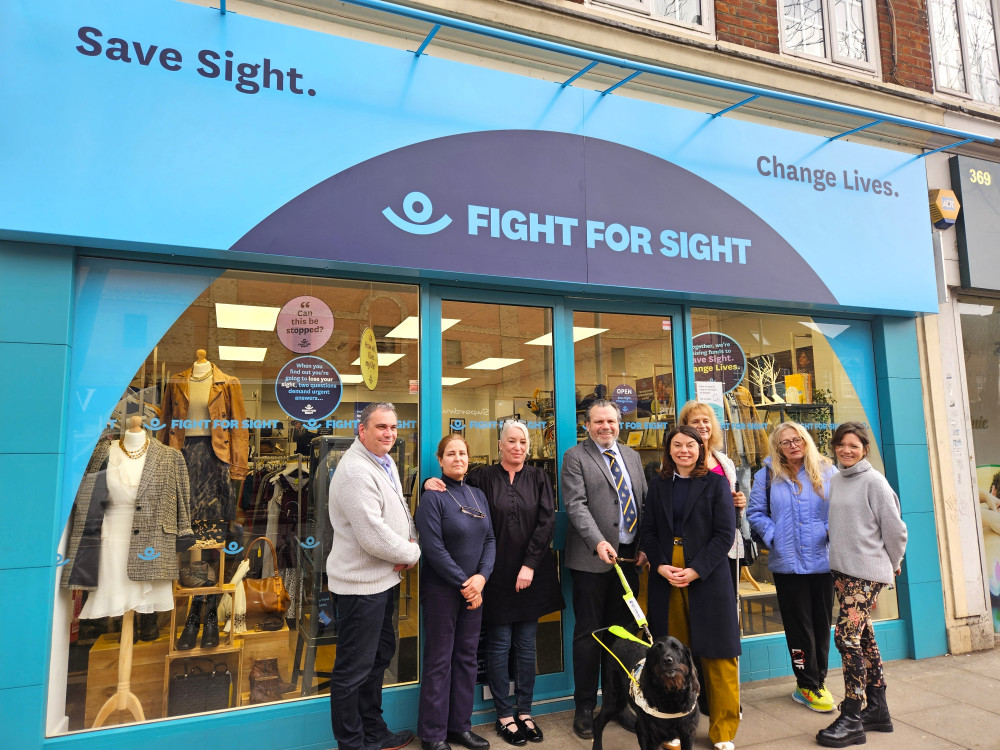 (Left to right) Phil Beavan, Head of Retail, Shafiqa Daoud, Shop Manager, Beth Evan, Volunteer Manager, Keith Valentine, CEO, Sarah Olney, MP, Heather Giles, Chair of Trustees, Margaret Dane, Councillor for East Sheen, Josie Robson, Fight for Sight Comms Manager (credit: Fight for Sight).