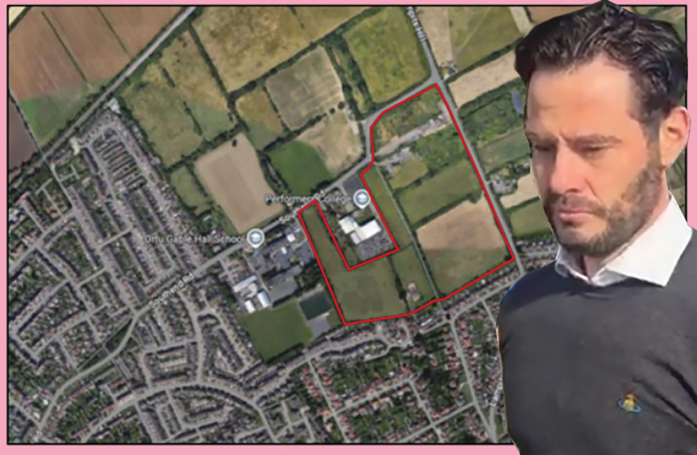 Landowner and would-be developer Danny Woolley-Young and the site of the proposed new estate.