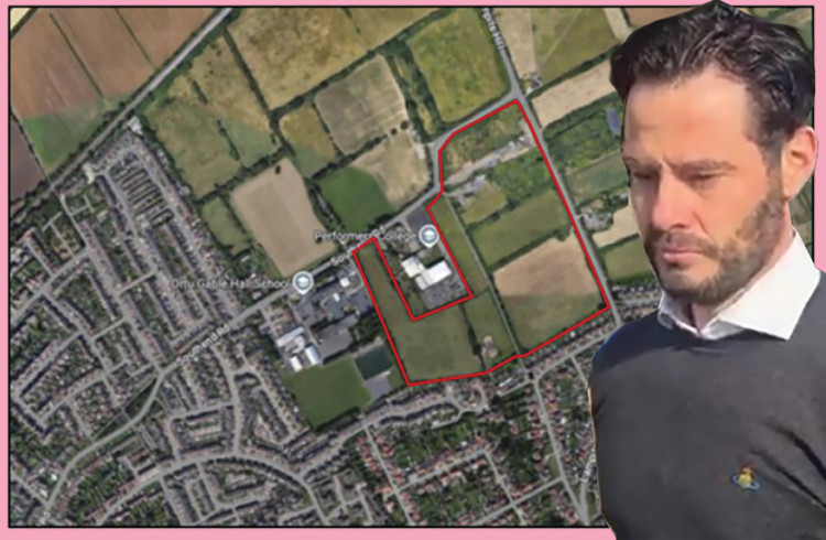 Landowner and would-be developer Danny Woolley-Young and the site of the proposed new estate.