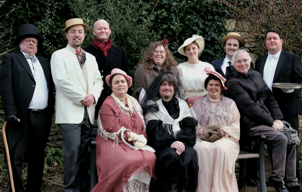 The cast of White Cat Theatre's "Charley's Aunt". Back row (L-R): Perry Thomas, Hayden Manuell, Mike Freeman, Niamh Keoghan, Jenny Armitage, Daniel Abbott and Paul Smith.  Seated (L-R): Catrin Griffiths, Dan Lawrence, Lauren Strawford and Director Robert Gairey.