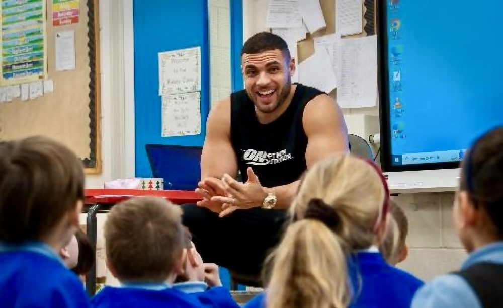 Zack George - 'Steel' from Gladiators - visited pupils in Packington on Tuesday. Photos: Supplied