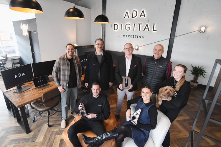 Back row from left: James Meadows (Senior Web Development Manager at Ada Digital), Cllr Tim Sinclair, Steve Tipson, Cllr Chris King, Scarlett Hanlon (Digital Marketing Executive at Ada Digital) with Bowie. Front row from left: Tom Murrell, Dani Murrell (image supplied)