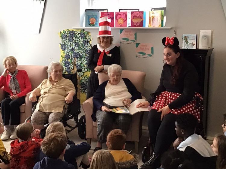 Frome care home resident Ruth Bramston fulfils wish to read to schoolchildren (image supplied)