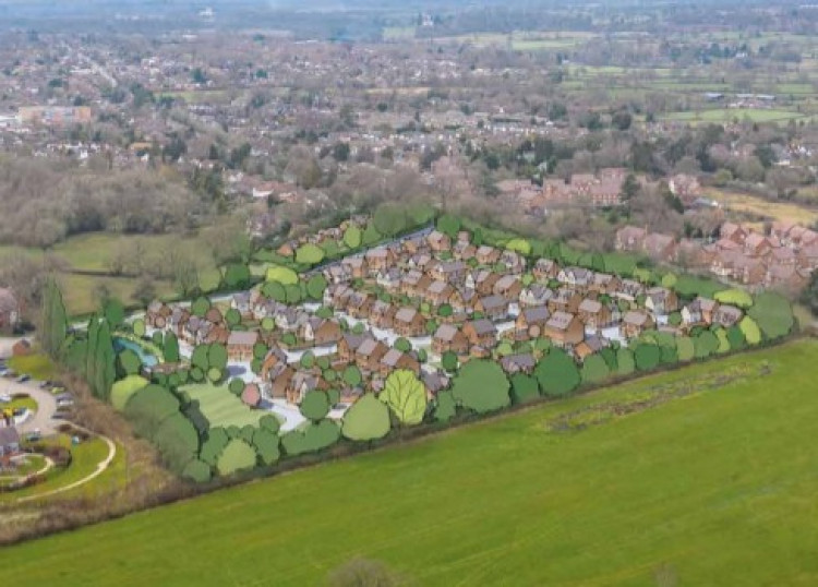 Aerial photography with concepts of the new homes overlaid on top of Balsall Common's current landscape (image via planning application)