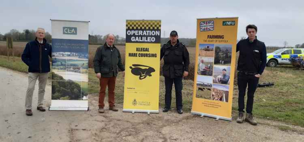 Tim Woodward Regional Surveyor from the Country Land and Business Association (CLA), PCC Tim Passmore, Sgt Brian Calver from Suffolk Constabulary's Rural & Wildlife Crime Team and Charles Hesketh,  Suffolk Country Adviser from the National Farmers Union