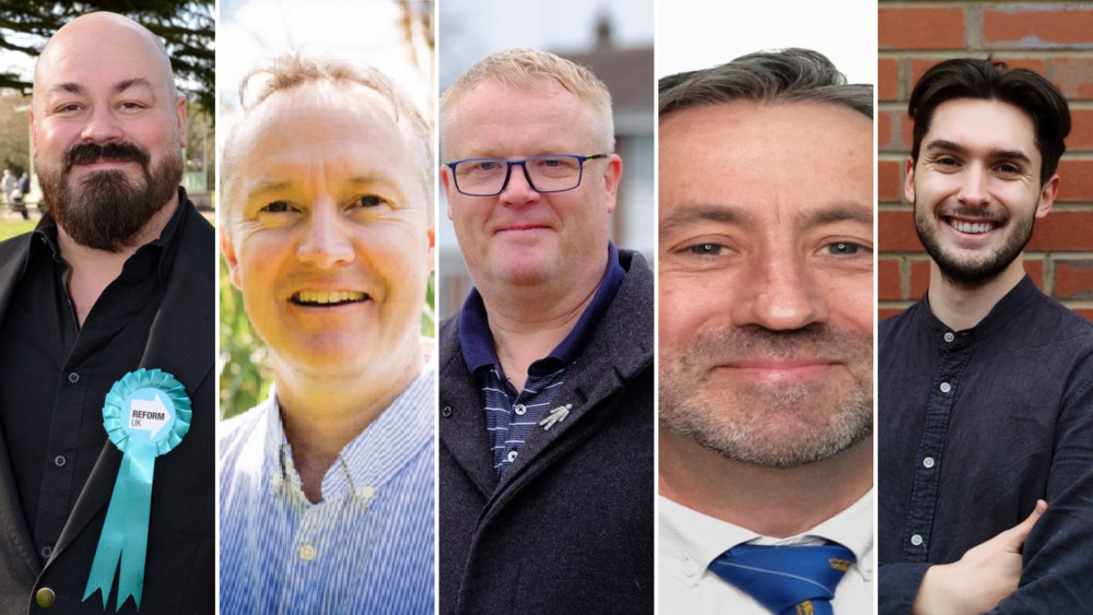 From left - David Norris (Reform), Laurence Byrne (Liberal Democrats), Simon Pargeter (Labour) , Oliver Jacques (Conservative), Sam Jones (Green) From left - David Norris (Reform), Laurence Byrne (Liberal Democrats), Simon Pargeter (Labour) , Oliver Jacques (Conservative), Sam Jones (Green)
