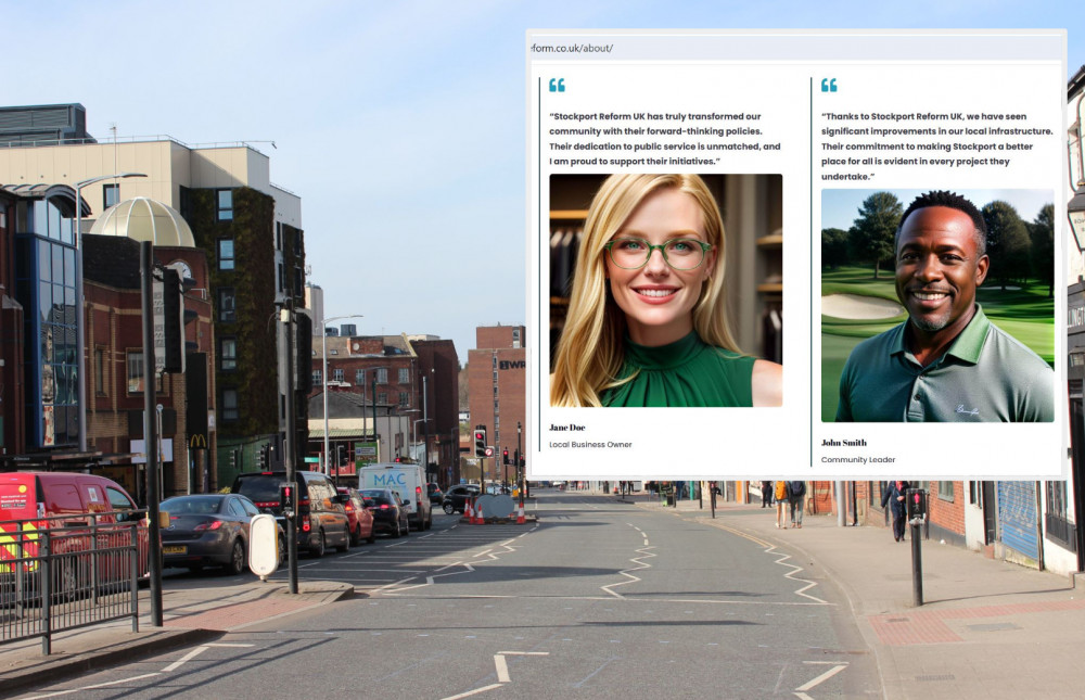 Reform UK's Stockport branch has taken down its website after using images and names which appear to have been created by AI (Images: main - Nub News / inset - Reform UK) Reform UK's Stockport branch has taken down its website after using images and names which appear to have been created by AI (Images: main - Nub News / inset - Reform UK)