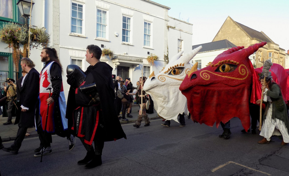 Red and White Dragons parade through the High Street during the annual May Fayre celebrations (All photos: Glastonbury Dragons) Red and White Dragons parade through the High Street during the annual May Fayre celebrations (All photos: Glastonbury Dragons)