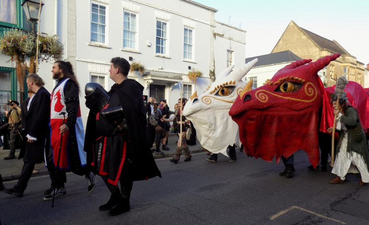  Red and White Dragons parade through the High Street during the annual May Fayre celebrations (All photos: Glastonbury Dragons) 