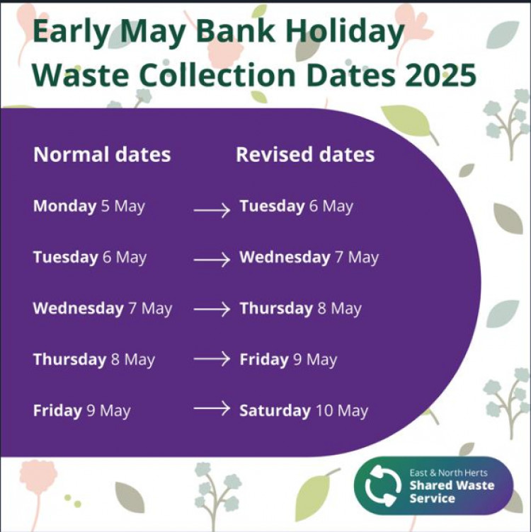 Changed bin collection dates following Monday May 5th Bank Holiday