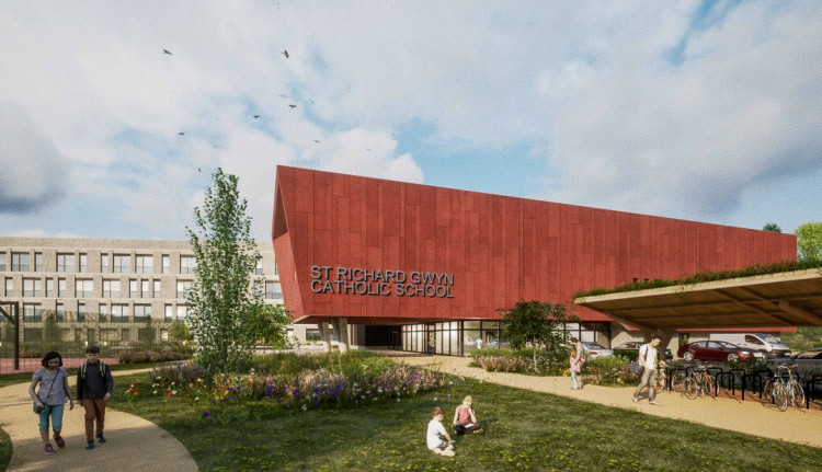 An artist's impression showing what the new St Richard Gwyn Catholic High School near Barry could look like if plans are approved