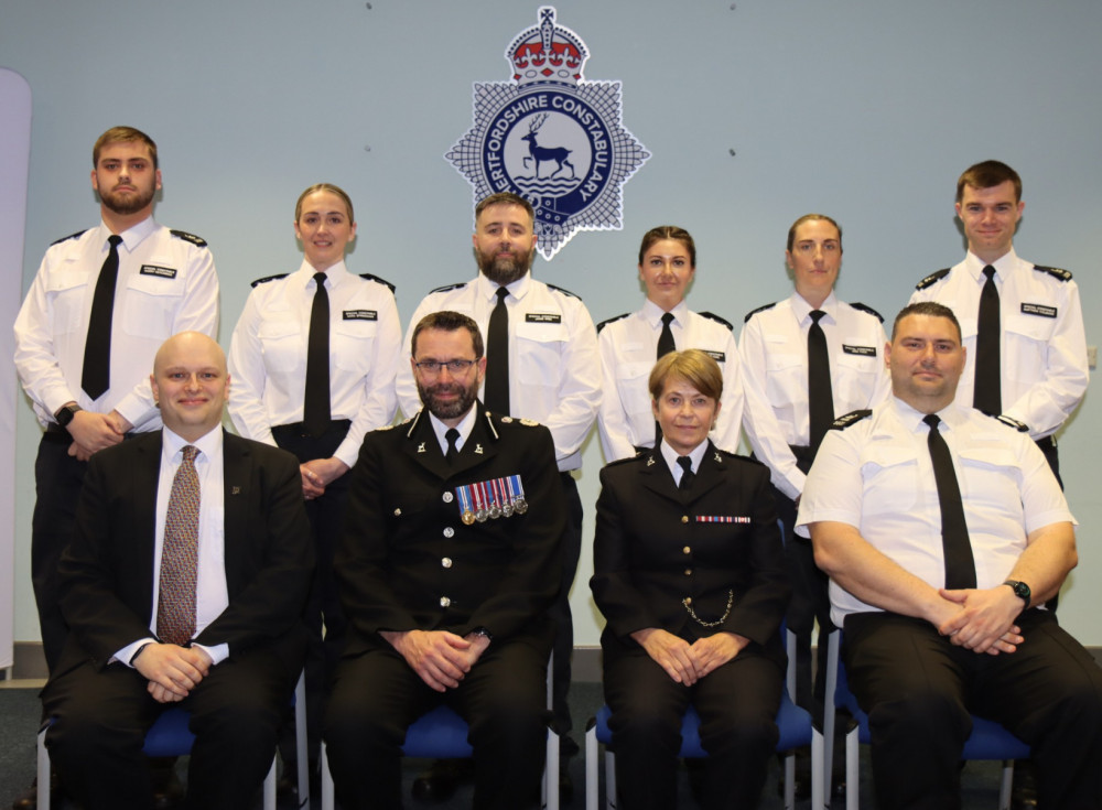 from back left, Harry Hutchings (Three Rivers), Sara Springham (North Herts), Jamie Wise (Welwyn Hatfield), Eleanor York (Stevenage), Jess Tuck (North Herts) and Matthew Coleman (Watford) with, from front left, Magistrate Rob Sassoon, Chief Constable Andy Prophet, Special Superintendent Jo Reay and Special Sergeant Stuart Murray from back left, Harry Hutchings (Three Rivers), Sara Springham (North Herts), Jamie Wise (Welwyn Hatfield), Eleanor York (Stevenage), Jess Tuck (North Herts) and Matthew Coleman (Watford) with, from front left, Magistrate Rob Sassoon, Chief Constable Andy Prophet, Special Superintendent Jo Reay and Special Sergeant Stuart Murray