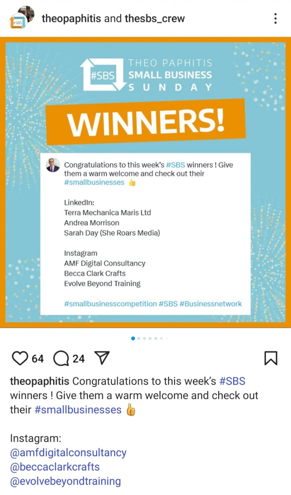 A screenshot of the SBS Instagram showing AMF Digital's win A screenshot of the SBS Instagram showing AMF Digital's win