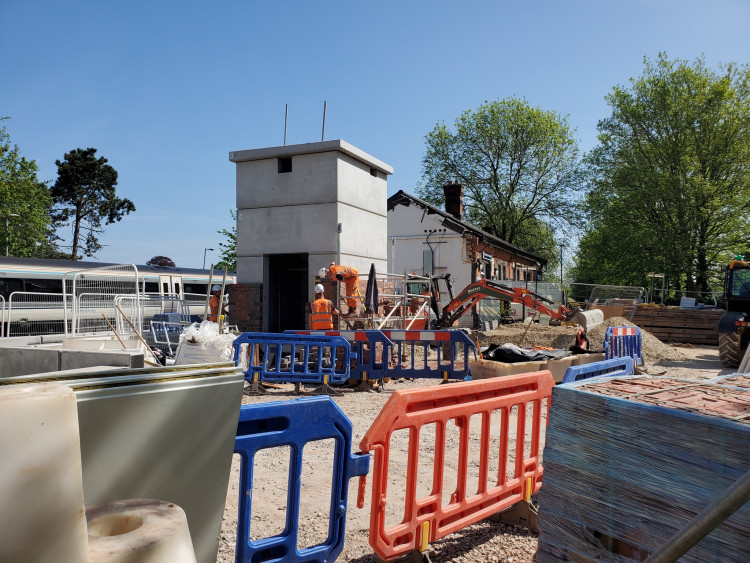 The new lift shaft at Warwick Railway Station this week (image by Geoff Ousbey)