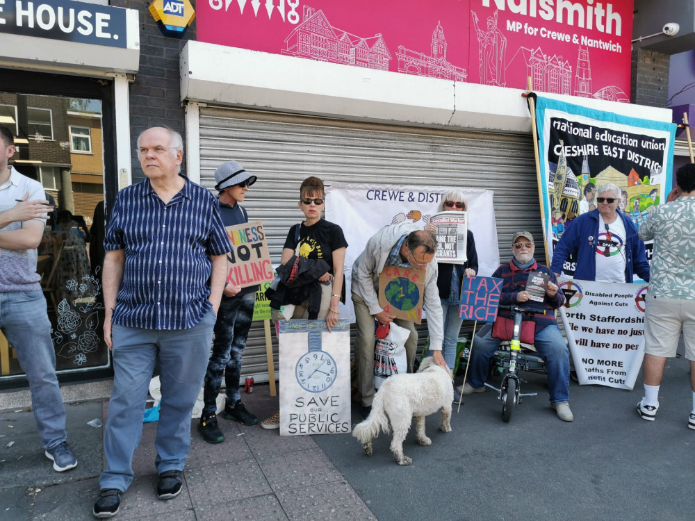 We Demand Change North Staffs and South Cheshire organised a demonstration outside Connor Naismith MP's office in Crewe on Saturday 10 May, calling for 'welfare not warfare' (Nub News). We Demand Change North Staffs and South Cheshire organised a demonstration outside Connor Naismith MP's office in Crewe on Saturday 10 May, calling for 'welfare not warfare' (Nub News).